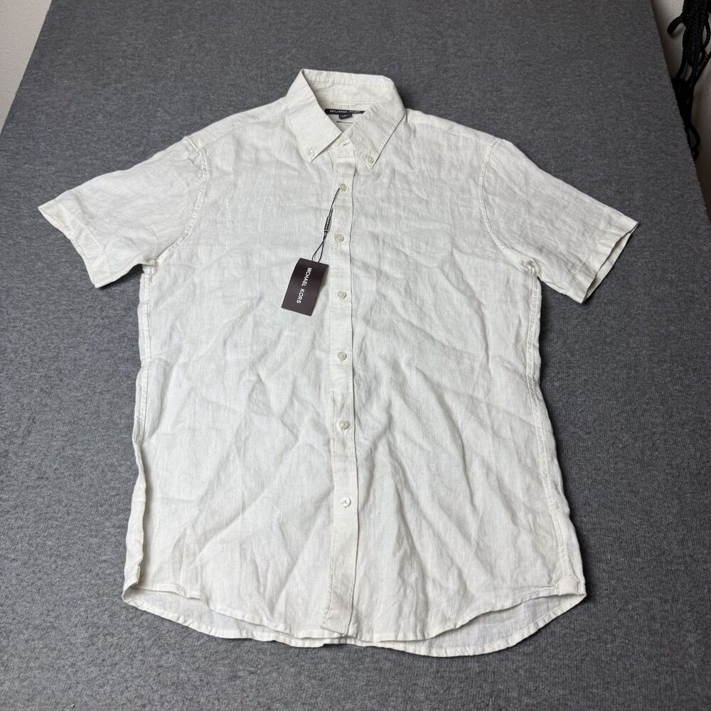 Michael Kors Slim Fit Linen Shirt Men's Medium Light Sage Front Button Closure